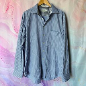 Pronto Uomo XL Blue White Striped Button Down Dress Shirt Sporty Preppy Classic